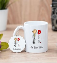 Doktor Karikatürü Beyaz Kupa Bardak Ve Anahtarlık Set