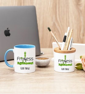 Fitness Eğitmeni Mavi Kupa Bardak Ve Kalemlik Seti