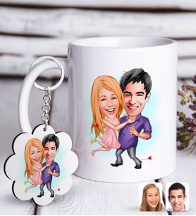 BK Gift Kişiye Özel Sevgililer Karikatürlü Beyaz Kupa ve Anahtarlık Hediye Seti-3 (Model 1)
