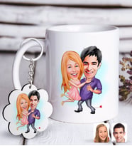 BK Gift Kişiye Özel Sevgililer Karikatürlü Beyaz Kupa ve Anahtarlık Hediye Seti-3 (Model 1)