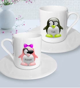 BK Gift Kişiye Özel İkili Penguen Çift Türk Kahvesi Fincanı Seti