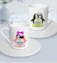 BK Gift Kişiye Özel İkili Penguen Çift Türk Kahvesi Fincanı Seti