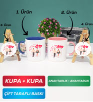 İkili Lacivert Pembe Sevgiliye Sevgililer Günü Hediyesi 4 Kupa Bardak Anahtarlık