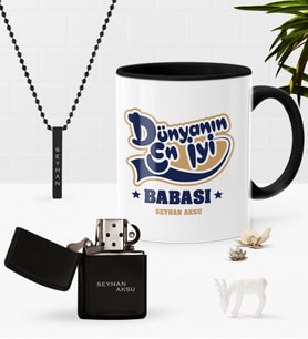 BK Gift Kişiye Özel Dünyanın En İyi Babası Siyah Kupa Benzinli Çakmak Kolye Seti-2 (Model 1)