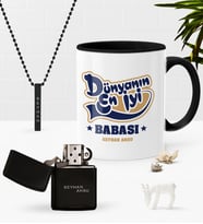 BK Gift Kişiye Özel Dünyanın En İyi Babası Siyah Kupa Benzinli Çakmak Kolye Seti-2 (Model 1)