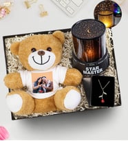 Kişiye Özel Fotoğraf Baskılı Peluş Ayıcık & Kolye & Star Master Yıldız Yansımalı Gece Lambası Hediye Seti