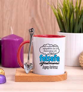 Felsefe Öğretmeni Ahşap Altlıklı Kırmızı Kupa Bardak
