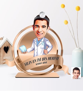 BK Gift Kişiye Özel Yılın En İyi Bay Diş Hekimi Karikatürlü 3D Ahşap Biblo Plaket - 3