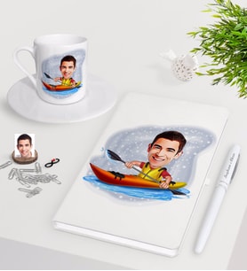 BK Gift Kişiye Özel Erkek Kanocu Karikatürlü Beyaz Defter Kalem Türk Kahvesi Fincanı Seti-1 (Model 1)
