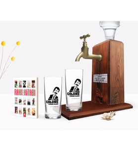 BK Gift Kişiye Özel Renkli Baskılı Çünkü Sen Çölüme Yağmur Oldun Tasarımlı İkili Rakı Bardağı Ahşap Rakı Standı ve Cep Kitabı Hediye Seti-4 (Model 1)