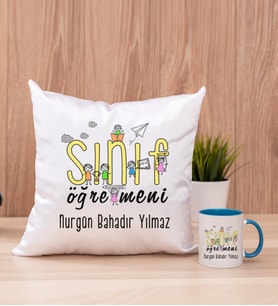 Sınıf Öğretmeni Kare Yastık ve Mavi Kupa Bardak