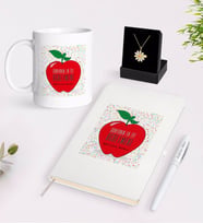 BK Gift Kişiye Özel Dünyanın En İyi Öğretmeni Beyaz Kupa Defter Kalem ve İsimli Papatya Kolye Hediye Seti-11 (Model 1)