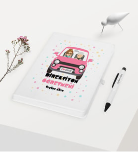 BK Gift Kişiye Özel Direksiyon Öğretmeni Temalı Beyaz Defter Kalem Hediye Seti - 1