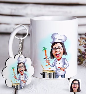 BK Gift Kişiye Özel Bayan Chef Karikatürlü Beyaz Kupa ve Anahtarlık Hediye Seti-1 (Model 1)