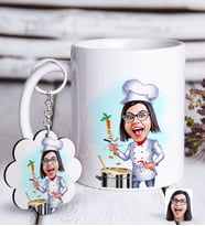 BK Gift Kişiye Özel Bayan Chef Karikatürlü Beyaz Kupa ve Anahtarlık Hediye Seti-1 (Model 1)