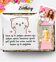 Kişiye Özel Doğum Günü Hediyesi Kedi Işıklı Kar Küresi & Kedi Yastık Hediye