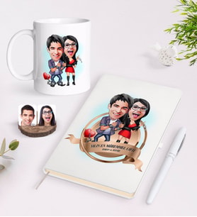 BK Gift Kişiye Özel Yılın En Mükemmel Çifti Karikatürlü Beyaz Defter Kalem ve Kupa Seti-1 (Model 1)
