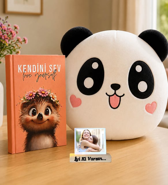 Kendini Sev Motive Defter & Sevimli Panda Peluş Yastık