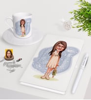 BK Gift Kişiye Özel Kız Çocuk Karikatürlü Beyaz Defter Kalem Türk Kahvesi Fincanı Seti-7 (Model 1)