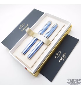 Parker IM Premium Sky Mavi Dolma Kalem + Roller Kalem Set  İsme Özel