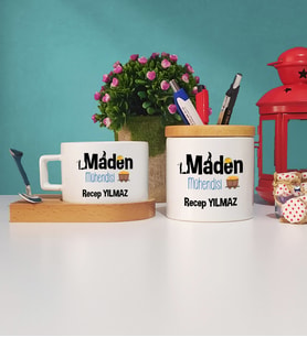 Maden Mühendisi Ahşap Altlıklı Fincan ve Kalemlik Seti