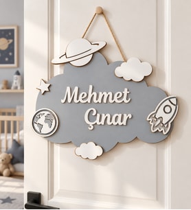 Ahşap Renkli Kapı Süsü Uzay Figürlü