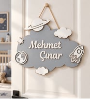 Ahşap Renkli Kapı Süsü Uzay Figürlü