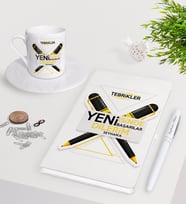 BK Gift Kişiye Özel Yeni İşinde Başarılar Dilerim Beyaz Defter Kalem Türk Kahvesi Fincanı Seti-5 (Model 1)