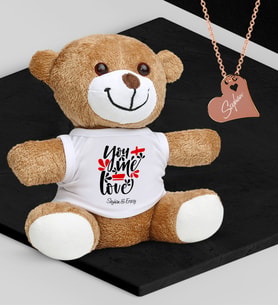 BK Gift Kişiye Özel Sevgililer Temalı Peluş Ayıcık ve Rose Kalp Kolye Set - 79