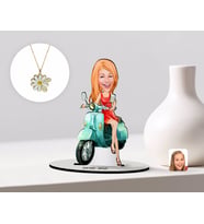 BK Gift Kişiye Özel Kadın Karikatürlü 3D Ahşap Biblo ve İsimli Tarihli Papatya Kolye Seti-24 (Model 1)