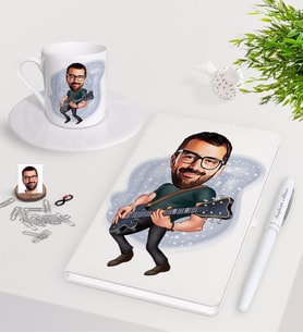 BK Gift Kişiye Özel Erkek Gitarist Karikatürlü Beyaz Defter Kalem Türk Kahvesi Fincanı Seti-1 (Model 1)