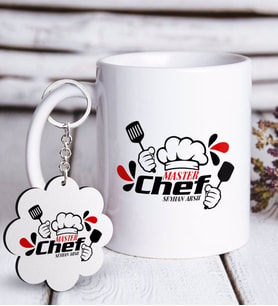 BK Gift Kişiye Özel Mesleki Chef Beyaz Kupa ve Anahtarlık Hediye Seti-2 (Model 1)