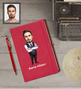 Kişiye Özel İş Adamı Karikatürlü  Kırmızı Defter Kalem Hediye Seti Bay-22