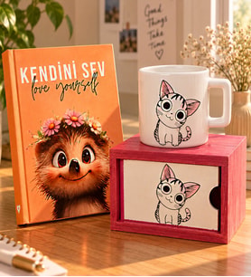 Kendini Sev Not Defteri & Sevimli Kedi Kupa Ahşap Kutulu