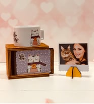 Kişiye Özel Fotoğraflı Şans Getiren Sevimli Kedi Kutulu Kupa Hediye Seti