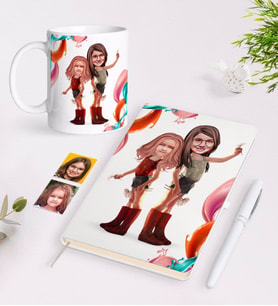 BK Gift Kişiye Özel Kız Kardeşler Karikatürlü Beyaz Defter Kalem ve Kupa Hediye Seti-5 (Model 1)