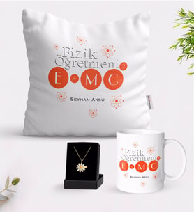 BK Gift Kişiye Özel Fizik Öğretmeni Beyaz Kupa Yastık ve İsimli Papatya Kolye Hediye Seti-2 (Model 1)
