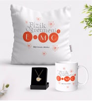 BK Gift Kişiye Özel Fizik Öğretmeni Beyaz Kupa Yastık ve İsimli Papatya Kolye Hediye Seti-2 (Model 1)
