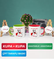 İkili Yeşil Kırmızı Sevgiliye Sevgililer Günü Hediyesi 10 Kupa Bardak Anahtarlık