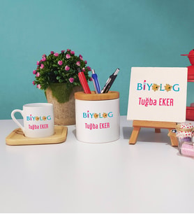 Biyolog Hediye Ahşap Altlıklı Türk Kahvesi Fincanı Kalemlik Dekoratif Taş Baskı Hediye Seti