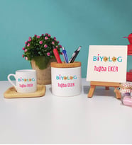 Biyolog Hediye Ahşap Altlıklı Türk Kahvesi Fincanı Kalemlik Dekoratif Taş Baskı Hediye Seti