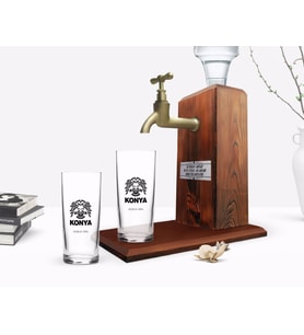 BK Gift Kişiye Özel Renkli Baskılı Konya Tasarımlı Turistik İkili Rakı Bardağı ve Ahşap Rakı Standı Hediye Seti-1 (Beyaz)