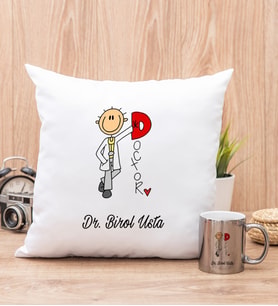 Doktor Karikatürü Yastık ve Silver Kupa Bardak