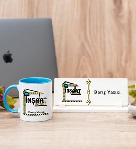 İnşaat Teknikeri Mavi Kupa Bardak Ve Masa İsimliği Hediye Seti