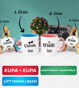 İkili Mavi Pembe Damat Kupa Bardak Anahtarlık