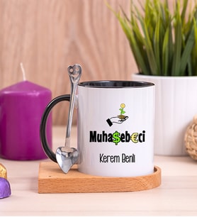 Muhasebeci Ahşap Altlıklı Siyah Kupa Bardak