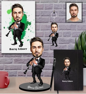 Kişiye Özel Klarnetçi Karikatürlü 5 li Hediye Seti Bay-1
