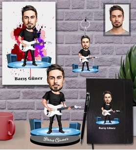 Kişiye Özel Gitarist Karikatürlü 5 li Hediye Seti Bay-3