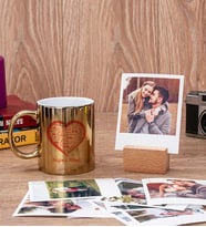 Kişiye Özel Kalpli Gold Kupa Bardak ve Ahşap Standlı Polaroid Set