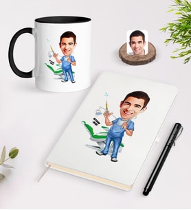 BK Gift Kişiye Özel Bay Diş Hekimi Karikatürlü Beyaz Defter Kalem Siyah Kupa Seti - 4 (Model 1)